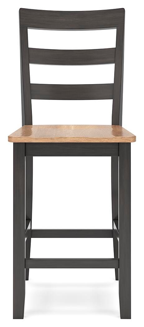 Ashley Furniture Gesthaven counter height barstool with a cushioned seat and wooden legs, shown from a front head-on view.