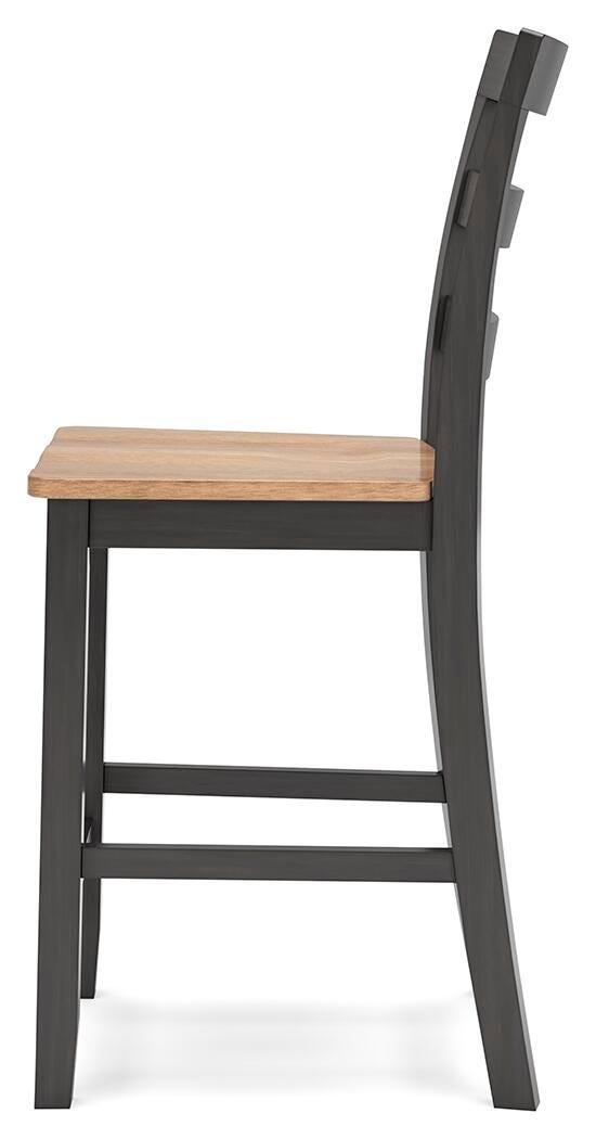 Ashley Furniture Gesthaven counter height barstool with wooden legs and upholstered seat, shown from a side angle.