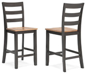 Ashley Furniture Gesthaven counter height barstool with wooden legs and upholstered seat, shown from an angled side view.