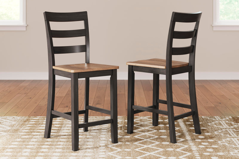Ashley Furniture Gesthaven counter height barstool with wooden legs and upholstered seat, shown from a side angle.