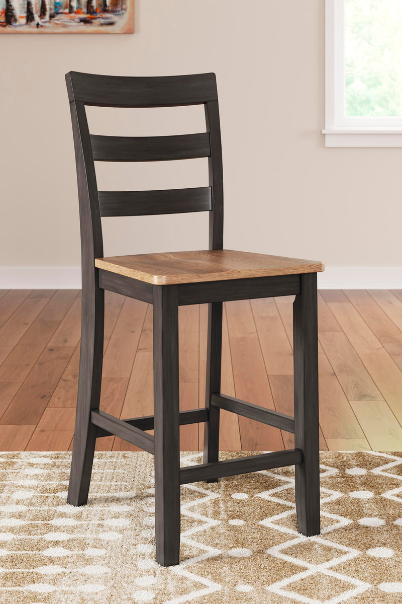 Ashley Furniture Gesthaven counter height barstool with wooden legs and upholstered seat, shown from side angle.