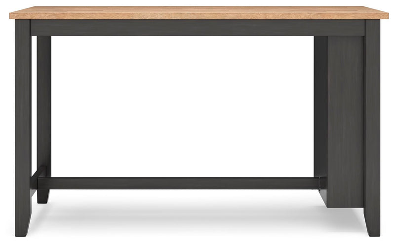 Ashley Furniture Gesthaven counter height dining table with a dark wood finish and sturdy legs, shown from the back.