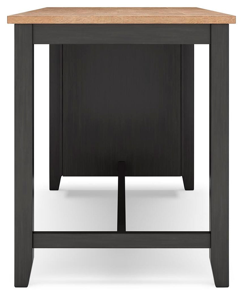 Ashley Furniture Gesthaven counter height dining table with a wooden finish and sturdy legs, shown from a side angle.