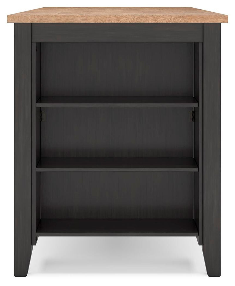 Ashley Furniture Gesthaven counter height dining table with a wooden finish and sturdy legs, shown from a side angle.