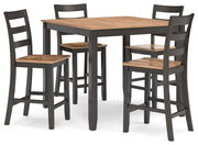 Ashley Furniture Gesthaven counter height dining table with four matching barstools, angled view showcasing wood finish and sturdy design.