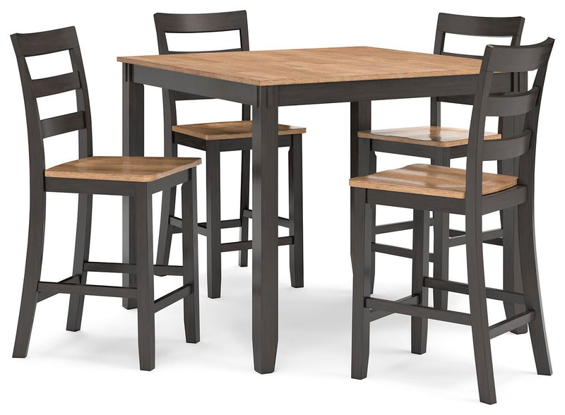 Ashley Furniture Gesthaven counter height dining table with four matching barstools, angled view showcasing wood finish and sturdy design.