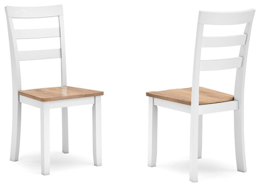 Ashley Furniture Gesthaven dining chair with upholstered seat and wooden legs, shown from an angled side view.