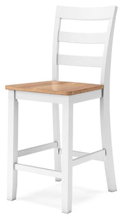 Ashley Furniture Gesthaven counter height barstool with wooden legs and upholstered seat, viewed from an angle.