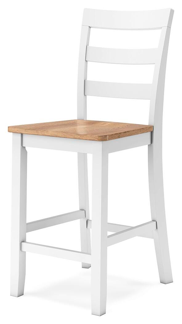 Ashley Furniture Gesthaven counter height barstool with wooden legs and upholstered seat, viewed from an angle.