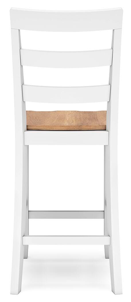 Ashley Furniture Gesthaven counter height barstool with a wooden seat and backrest, supported by black metal legs.