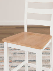 Ashley Furniture Gesthaven counter height barstool with cushioned seat and wooden legs, detailed close-up of upholstery and frame.