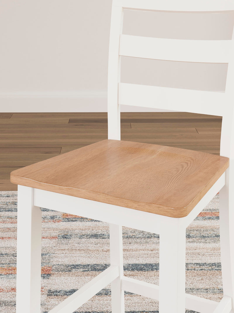 Ashley Furniture Gesthaven counter height barstool with cushioned seat and wooden legs, detailed close-up of upholstery and frame.
