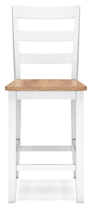 Ashley Furniture Gesthaven counter height barstool with wooden legs and cushioned seat, shown from a front head-on view.