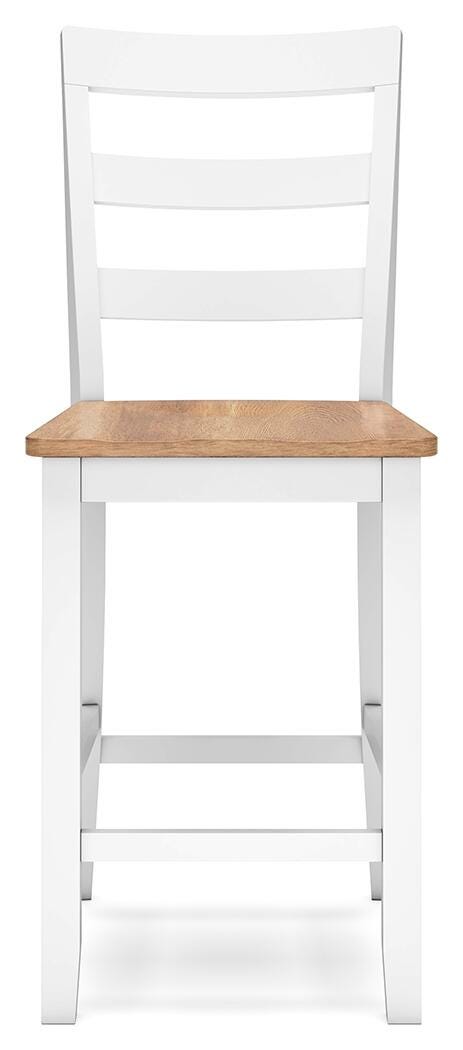 Ashley Furniture Gesthaven counter height barstool with wooden legs and cushioned seat, shown from a front head-on view.