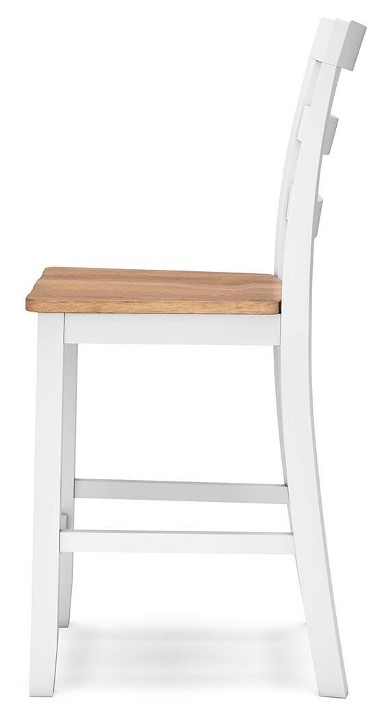 Side view of a Gesthaven Counter Height Barstool by Ashley Furniture, featuring a wooden frame and cushioned seat.