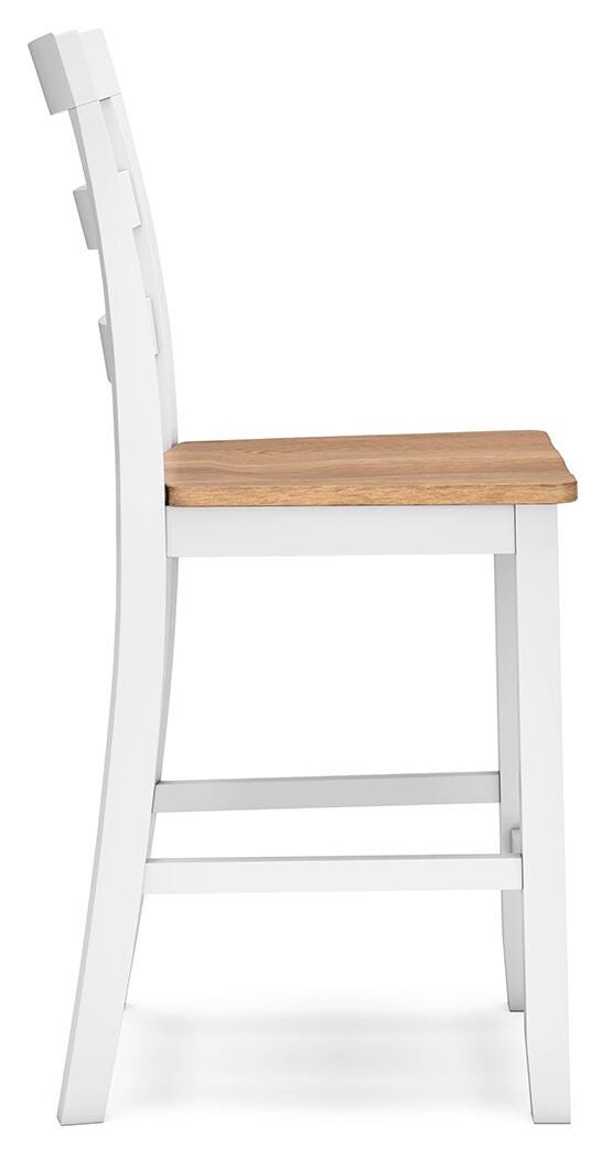 Side view of Ashley Furniture Gesthaven counter height barstool with wooden frame and upholstered seat, designed for bar or counter seating.