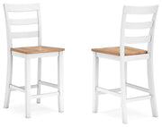 Ashley Furniture Gesthaven counter height barstool with wooden legs and upholstered seat, shown from an angled side view.