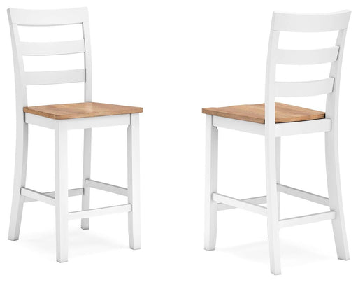 Ashley Furniture Gesthaven counter height barstool with wooden legs and upholstered seat, shown from an angled side view.