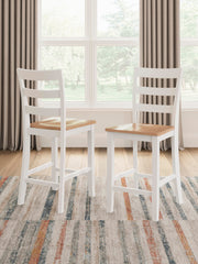 Ashley Furniture Gesthaven counter height barstool with wooden legs and upholstered seat, shown from front angle.