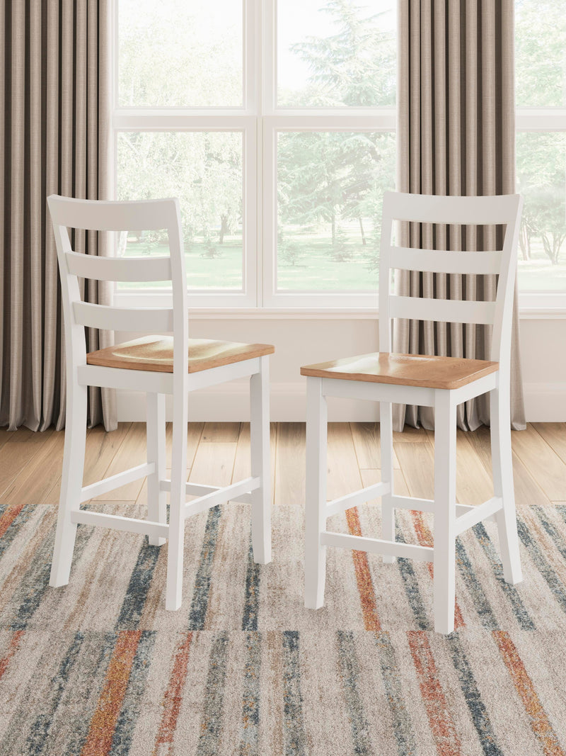 Ashley Furniture Gesthaven counter height barstool with wooden legs and upholstered seat, shown from front angle.