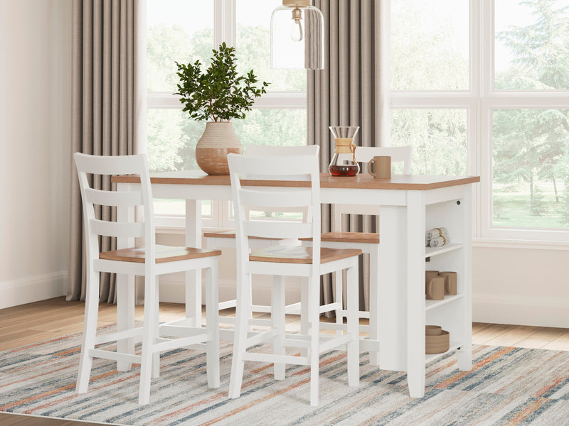Ashley Furniture Gesthaven counter height barstool with wooden legs and cushioned seat, shown from a side angle.