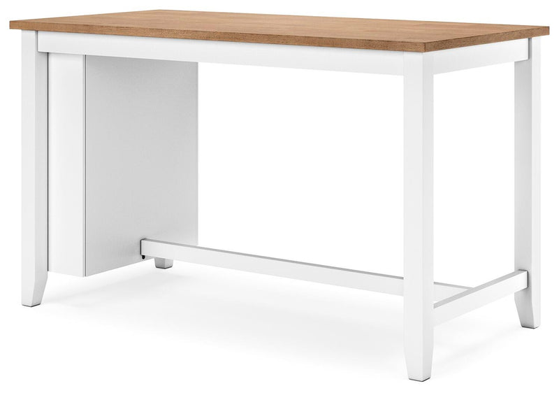 Ashley Furniture Gesthaven counter height dining table shown from an angled view with a wooden finish and sturdy legs.