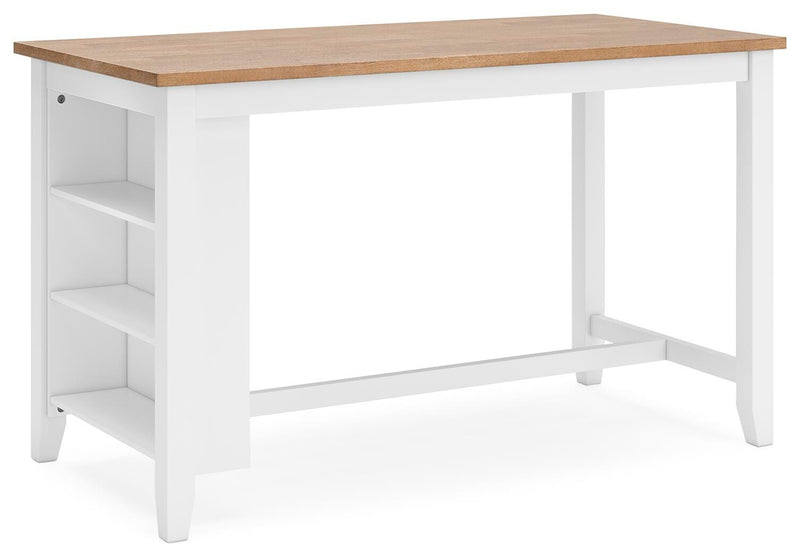Ashley Furniture Gesthaven counter height dining table shown from an angle, featuring a wooden surface and sturdy legs.