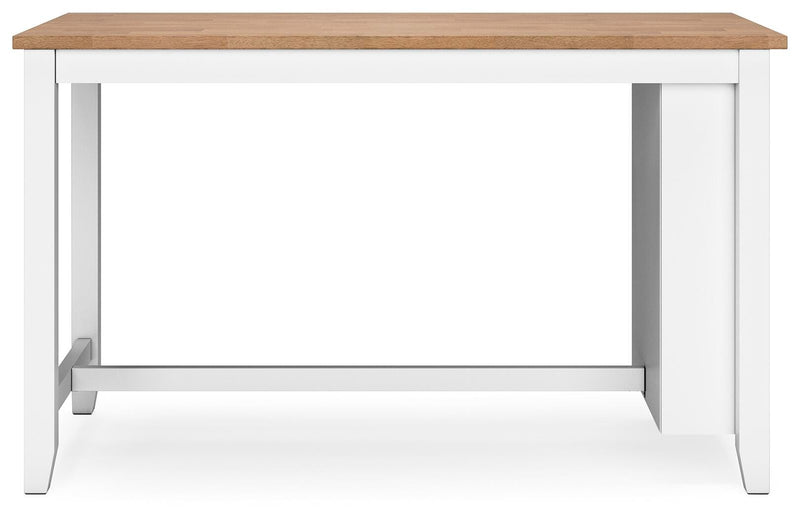 Ashley Furniture Gesthaven counter height dining table with wooden legs and a smooth tabletop, shown from the back view.