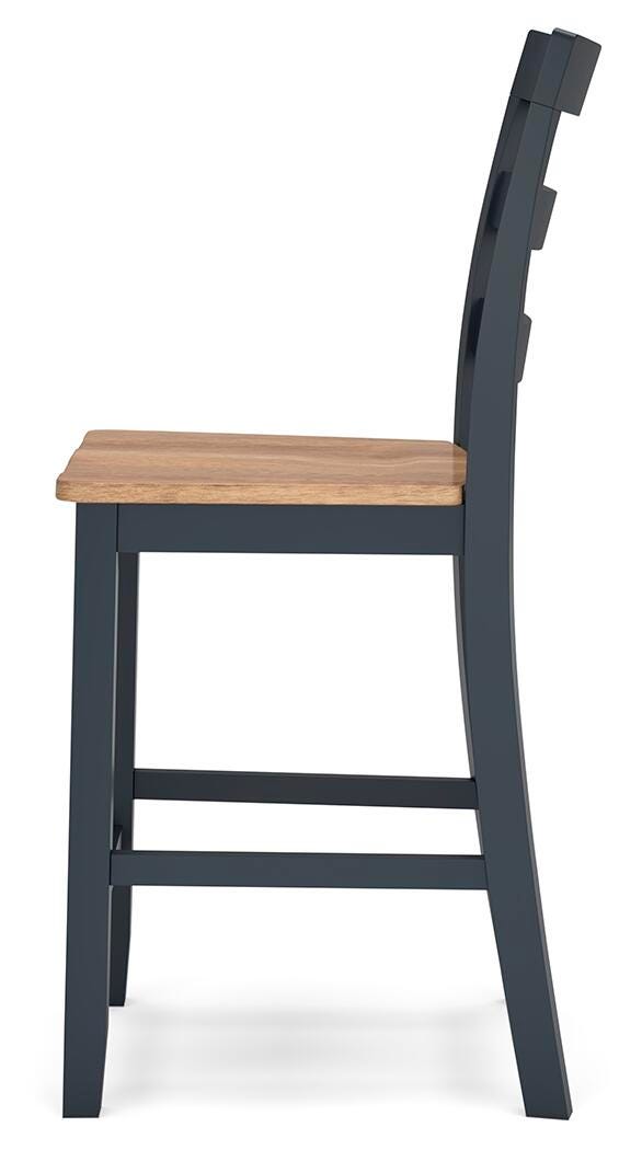 Ashley Furniture Gesthaven counter height barstool with wooden legs and a cushioned seat, shown from a side angle.