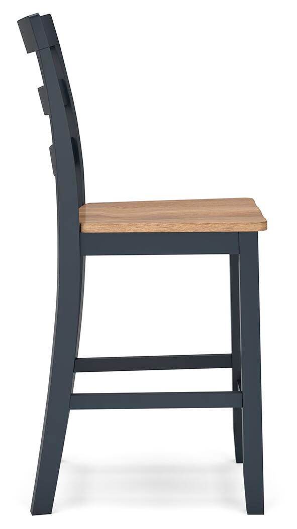Ashley Furniture Gesthaven counter height barstool with wooden legs and cushioned seat, shown from the side.