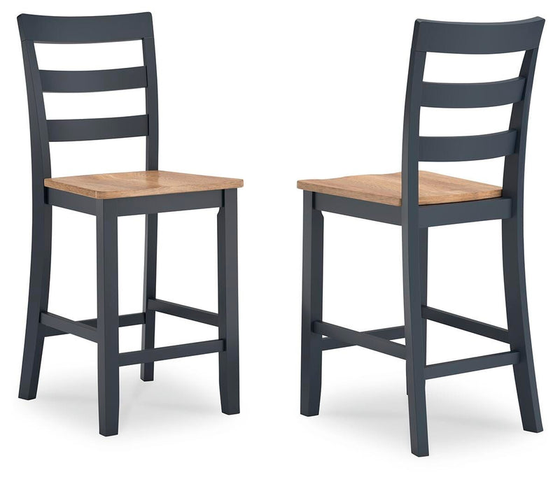 Ashley Furniture Gesthaven counter height barstool with a wooden seat and metal frame, shown from an angled side view.