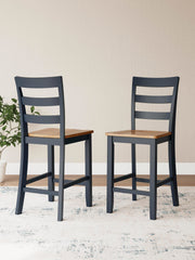 Ashley Furniture Gesthaven counter height barstool with wooden legs and upholstered seat, shown from a side view.