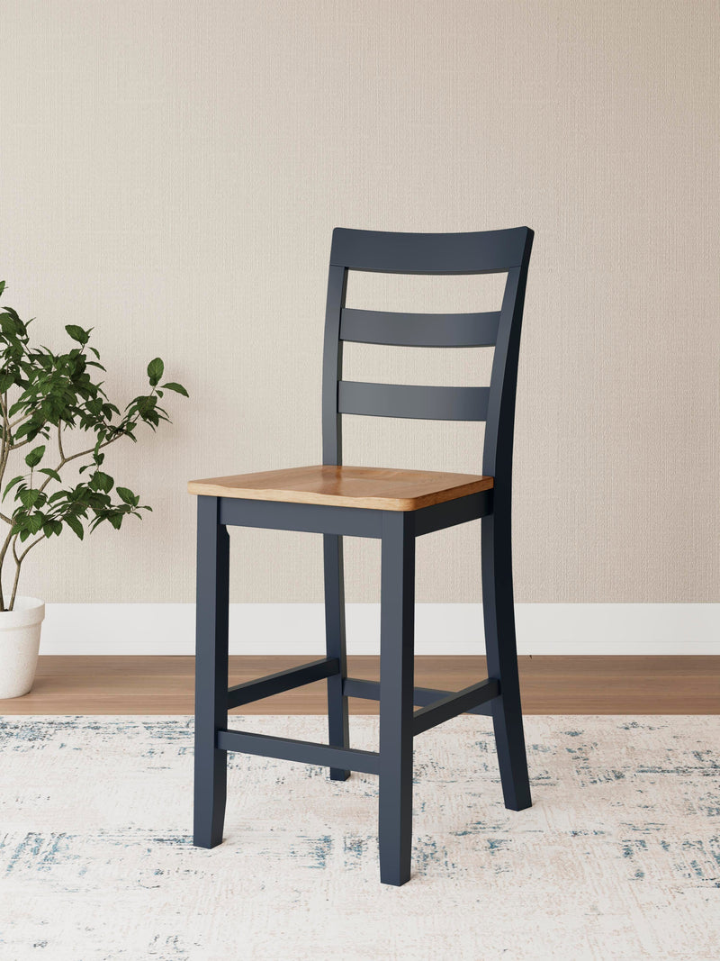 Ashley Furniture Gesthaven counter height barstool with cushioned seat, wooden legs, and backrest, perfect for kitchen or bar area.