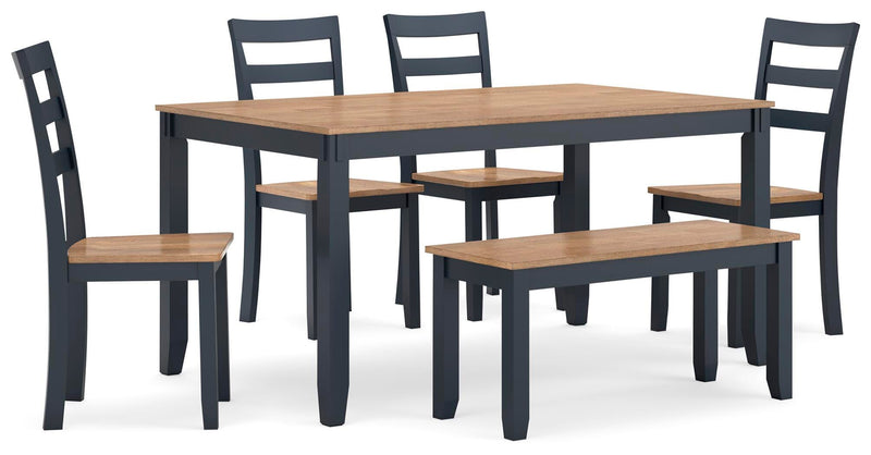 Ashley Furniture Gesthaven dining table with four chairs and a bench, showcasing a stylish wood finish and modern design.