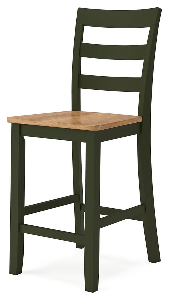 Ashley Furniture Gesthaven counter height barstool with wooden legs and upholstered seat, shown from an angled perspective.