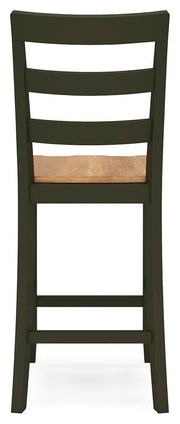 Ashley Furniture Gesthaven counter height barstool with wooden backrest and cushioned seat in a natural finish.