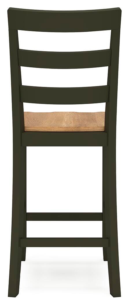 Ashley Furniture Gesthaven counter height barstool with wooden backrest and cushioned seat in a natural finish.