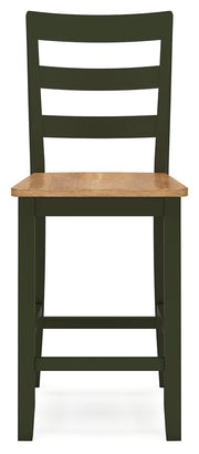 Ashley Furniture Gesthaven counter height barstool with a wooden seat and backrest, featuring a sturdy metal frame and footrest.