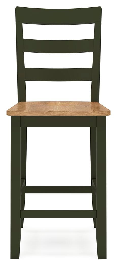 Ashley Furniture Gesthaven counter height barstool with a wooden seat and backrest, featuring a sturdy metal frame and footrest.