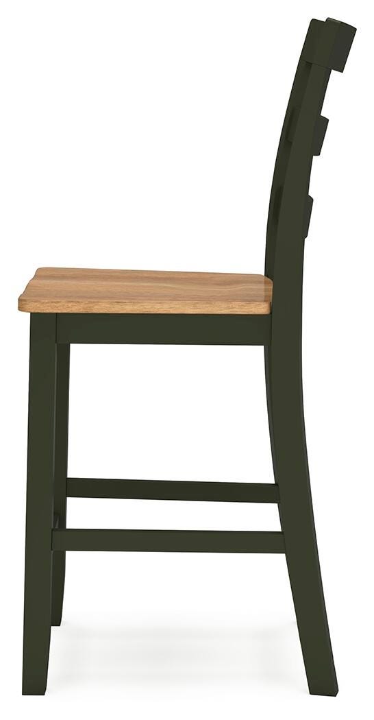 Ashley Furniture Gesthaven counter height barstool with wooden legs and a cushioned seat, shown from a side angle.