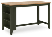 Ashley Furniture Gesthaven counter height dining table with wood finish and sturdy legs, shown from an angled side view.