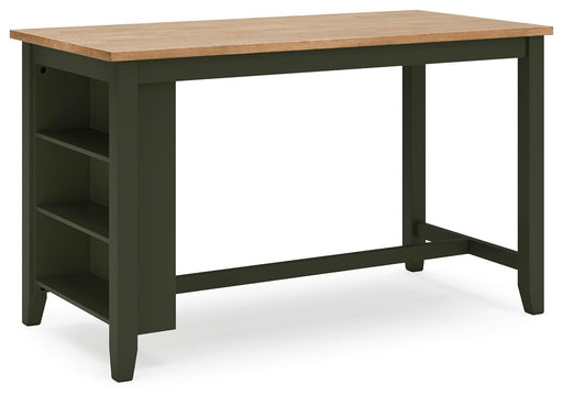 Ashley Furniture Gesthaven counter height dining table with wood finish and sturdy legs, shown from an angled side view.