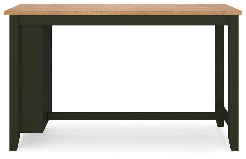 Ashley Furniture Gesthaven counter height dining table with a wooden top and sturdy legs, shown from a front head-on view.