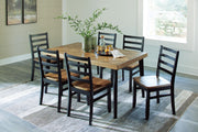 Ashley Furniture Blondon dining table with six chairs, modern wooden set for family meals and gatherings.