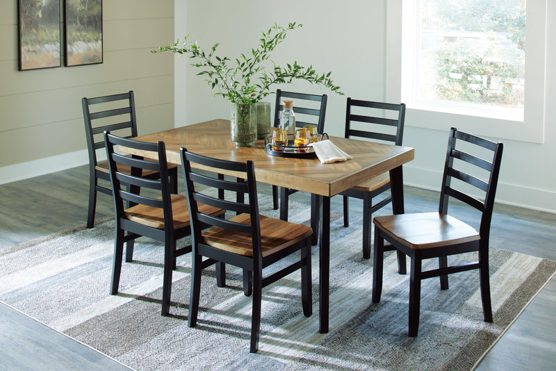 Ashley Furniture Blondon dining table with six chairs, modern wooden set for family meals and gatherings.