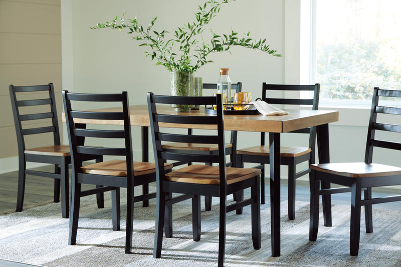 Ashley Furniture Blondon dining table with six matching chairs, modern wood dining set for family gatherings and meals.