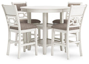 Ashley Furniture Erinberg counter height dining table with four matching barstools, angled view showing wood finish and sturdy design.