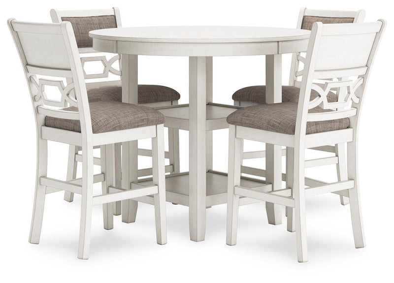 Ashley Furniture Erinberg counter height dining table with four matching barstools, angled view showing wood finish and sturdy design.
