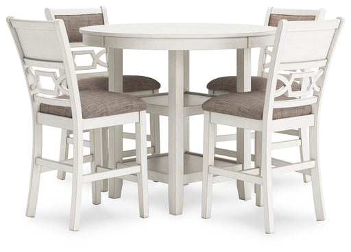 Ashley Furniture Erinberg counter height dining table with four matching barstools, angled view showing wood finish and sturdy design.