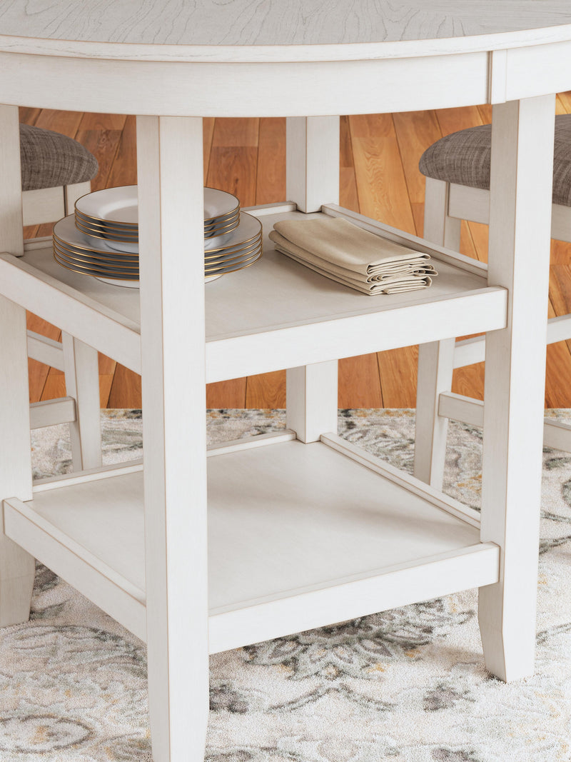 Ashley Furniture Erinberg counter height dining table with four matching barstools, featuring a sleek wood finish and modern design.